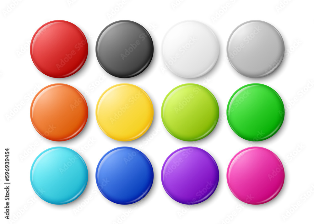 Vector 3d Realistic Round Metal, Plastic Blank Empty Button Badge Icon Set CLoseup Isolated, Front View. Button Pin Badge Collection. Glossy Brooch Pin. Top View. Template for Branding, Mock-up Vector 3d Realistic Round Metal, Plastic Blank Empty Button Badge Icon Set CLoseup Isolated, Front View. Button Pin Badge Collection. Glossy Brooch Pin. Top View. Template for Branding, Mock-up