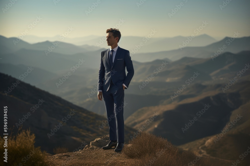 Fototapeta premium Businessman standing on top of a mountain and looking into the distance