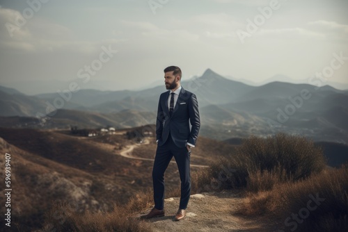 Handsome bearded man standing on top of a mountain, looking away.