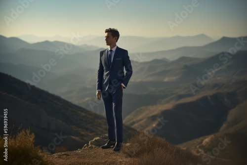 Businessman standing on top of a mountain and looking into the distance