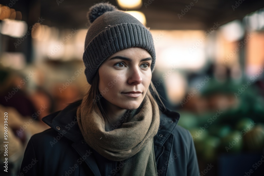 Portrait of a beautiful young woman in a hat and scarf at the market Portrait of a beautiful young woman in a hat and scarf at the market