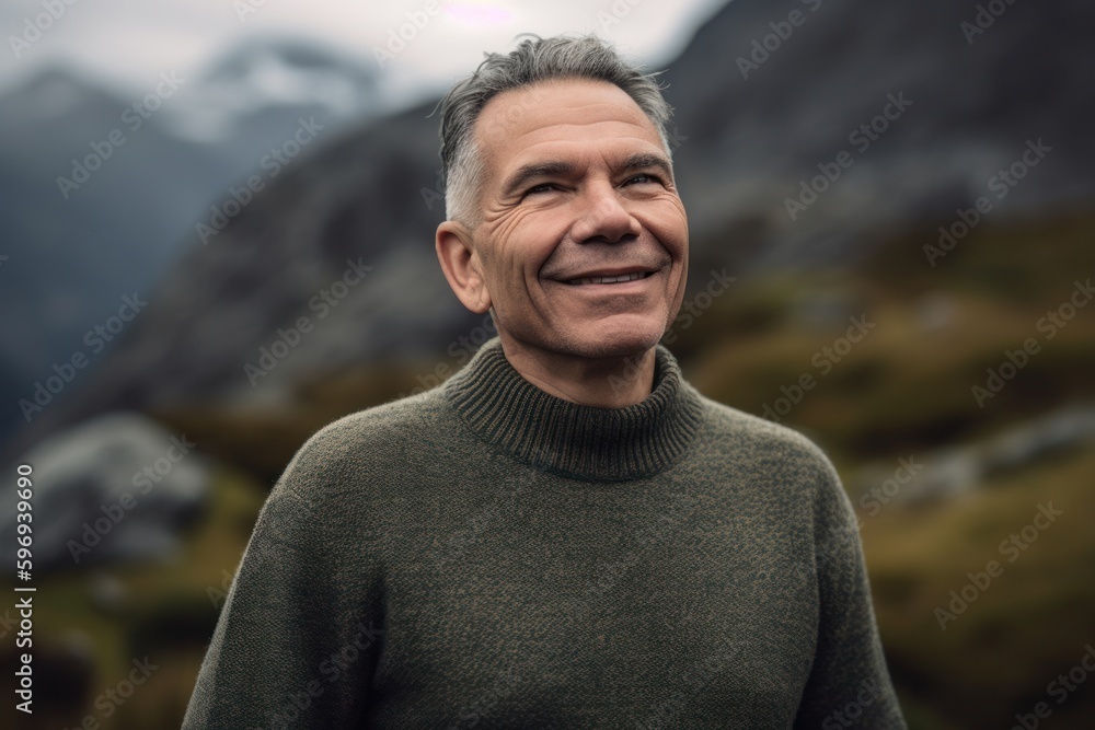 Portrait of a handsome mature man in a green sweater against the background of mountains Portrait of a handsome mature man in a green sweater against the background of mountains