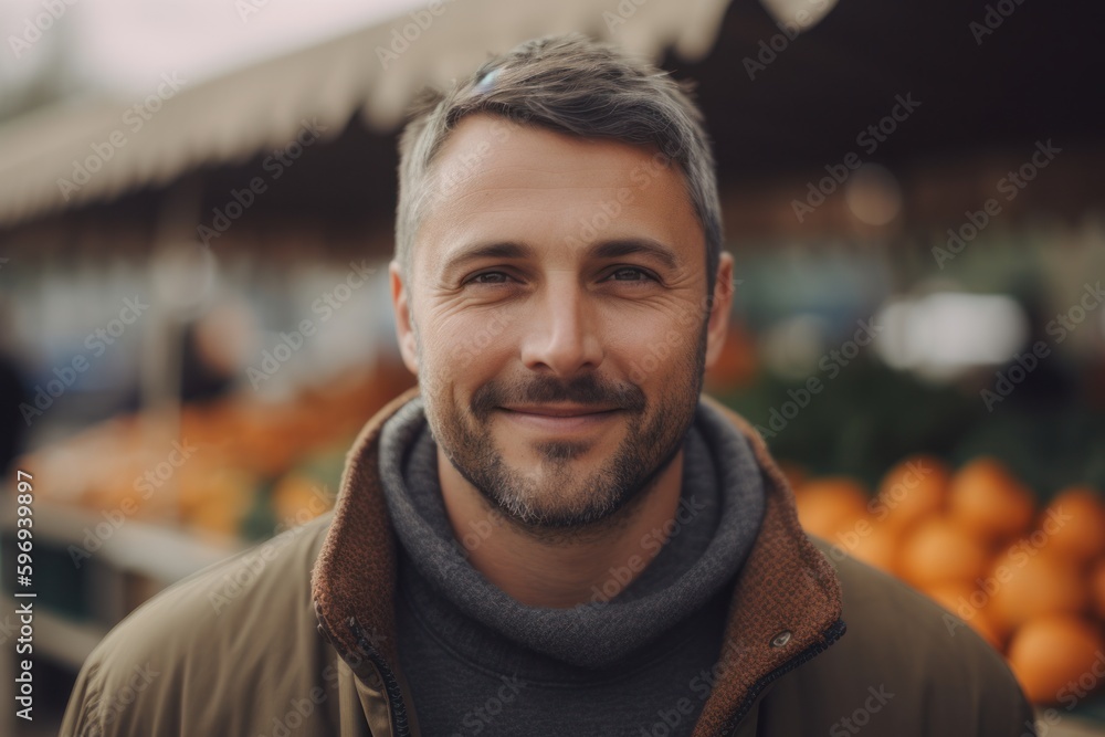 Portrait of a handsome man in a green jacket and gray scarf on a background of oranges. Portrait of a handsome man in a green jacket and gray scarf on a background of oranges.
