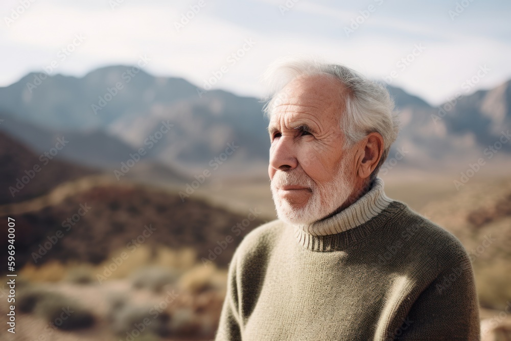 Portrait of senior man looking away while standing against mountain range in desert Portrait of senior man looking away while standing against mountain range in desert