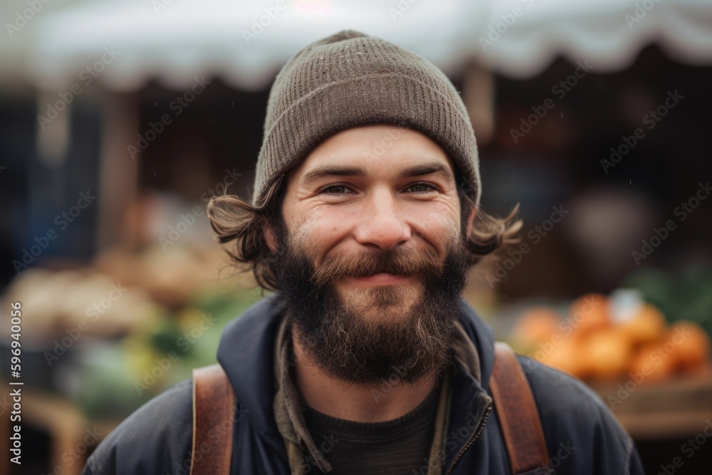 Portrait of a handsome young man with beard and mustache in the street market Portrait of a handsome young man with beard and mustache in the street market