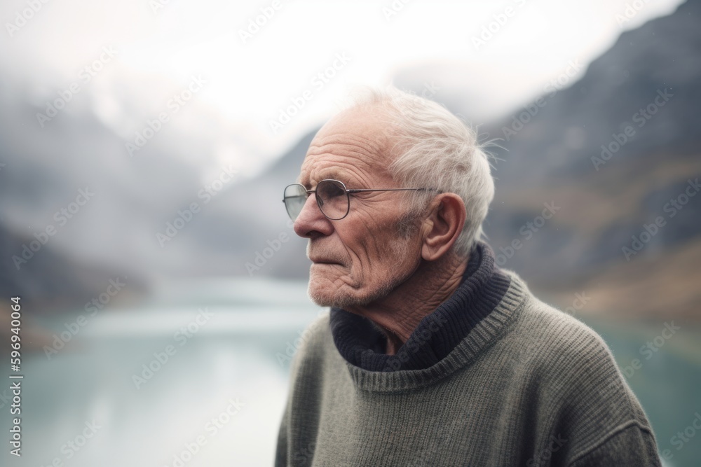 Portrait of senior man with eyeglasses looking away in mountains Portrait of senior man with eyeglasses looking away in mountains
