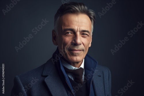 Portrait of mature man in suit looking at camera on grey background