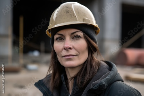 Portrait of a female construction worker in a helmet with a serious look
