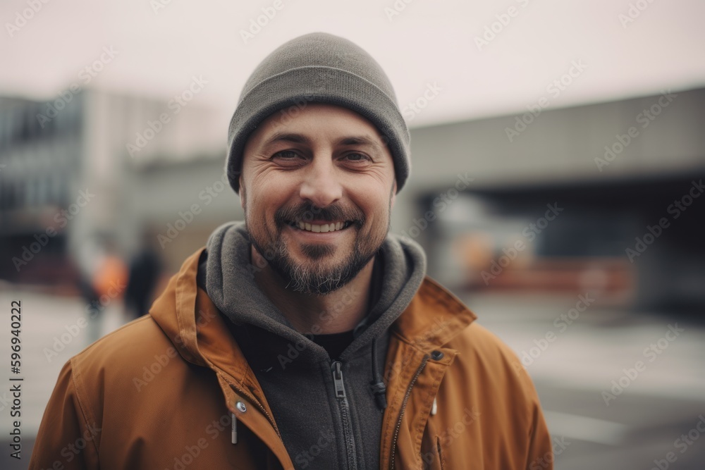 Portrait of a handsome bearded man in a yellow jacket and gray hat. Portrait of a handsome bearded man in a yellow jacket and gray hat.