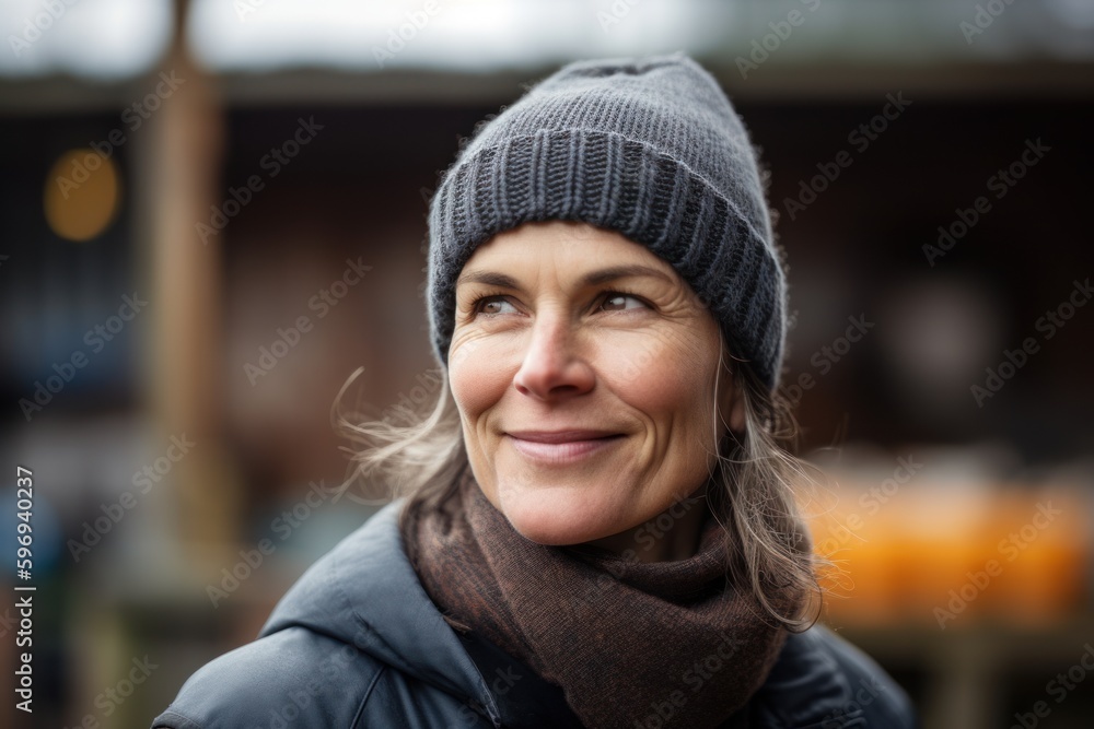 Portrait of smiling woman in winter hat and scarf standing in cafe Portrait of smiling woman in winter hat and scarf standing in cafe