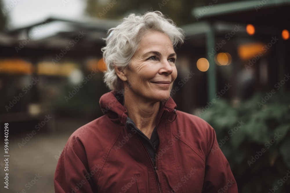 Portrait of happy senior woman with short grey hair smiling at camera