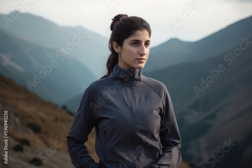 Beautiful young woman in the mountains. Young woman standing on top of a mountain and looking at the camera.