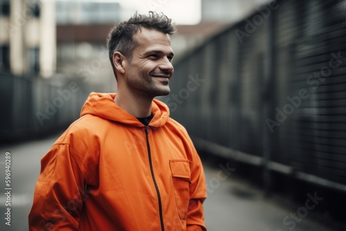 Portrait of a handsome young man in an orange jacket on the street