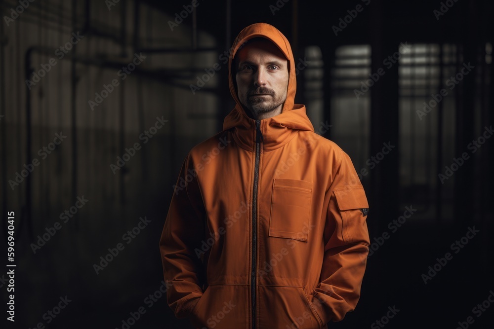 Studio portrait photography of a satisfied man in his 30s wearing a comfortable tracksuit against a construction site or work zone background. Generative AI Studio portrait photography of a satisfied man in his 30s wearing a comfortable tracksuit against a construction site or work zone background. Generative AI