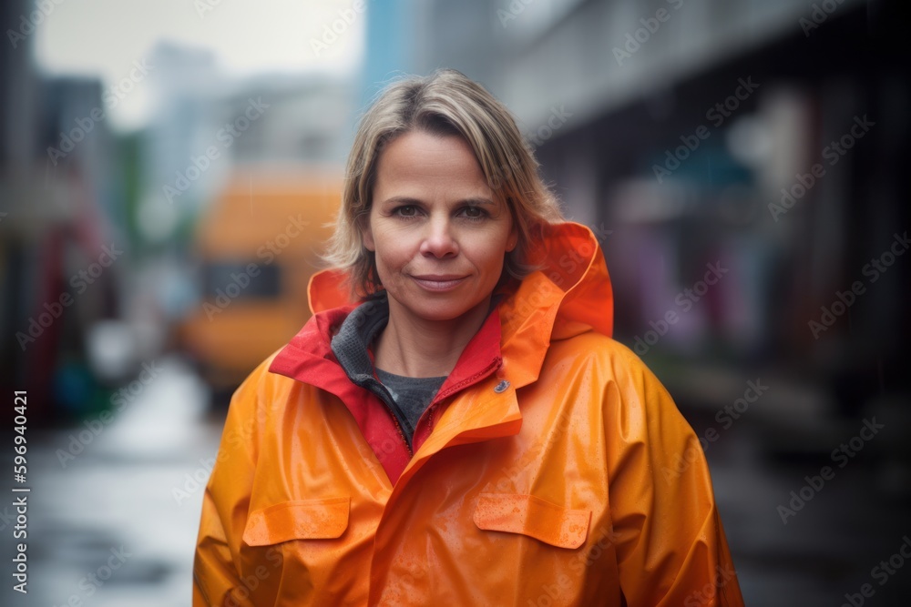 Portrait of a woman in an orange raincoat in the city