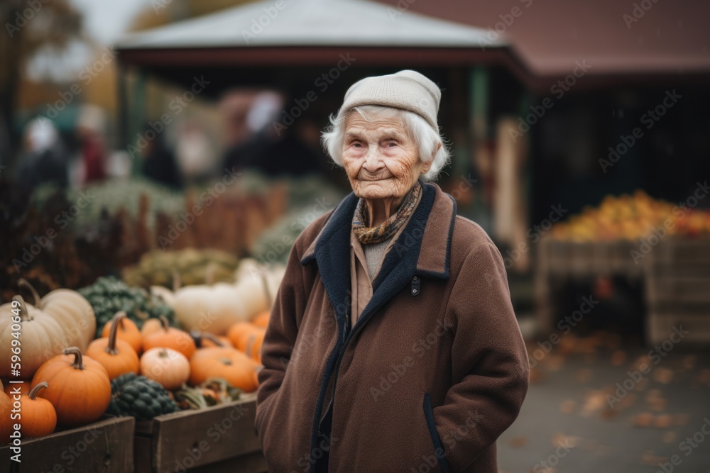Portrait of an elderly woman with a pumpkin on the market.