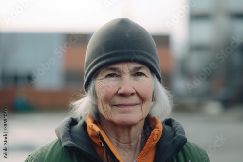Portrait of an elderly woman in a cap on the street.