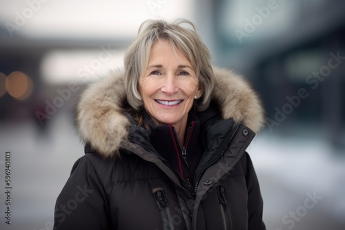 Portrait of a happy senior woman in winter coat smiling at the camera