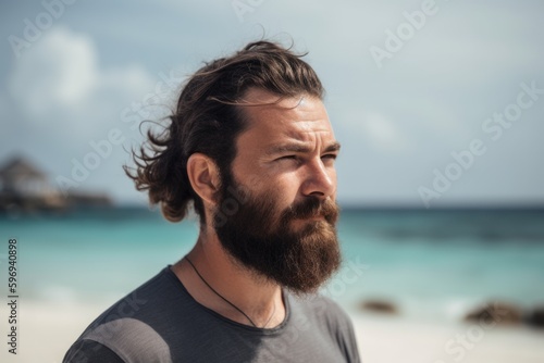Portrait of a handsome man with long beard and mustache on the beach