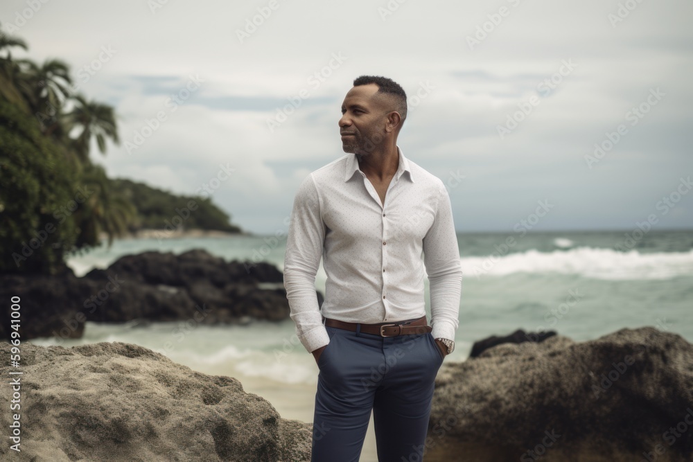 Handsome african american man in white shirt and blue jeans standing on the beach and looking away Handsome african american man in white shirt and blue jeans standing on the beach and looking away