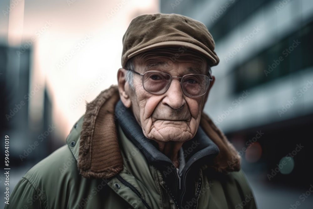 Portrait of an old man with glasses and a cap in the city Portrait of an old man with glasses and a cap in the city