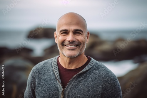 Portrait of a handsome bald man smiling at the camera on the beach
