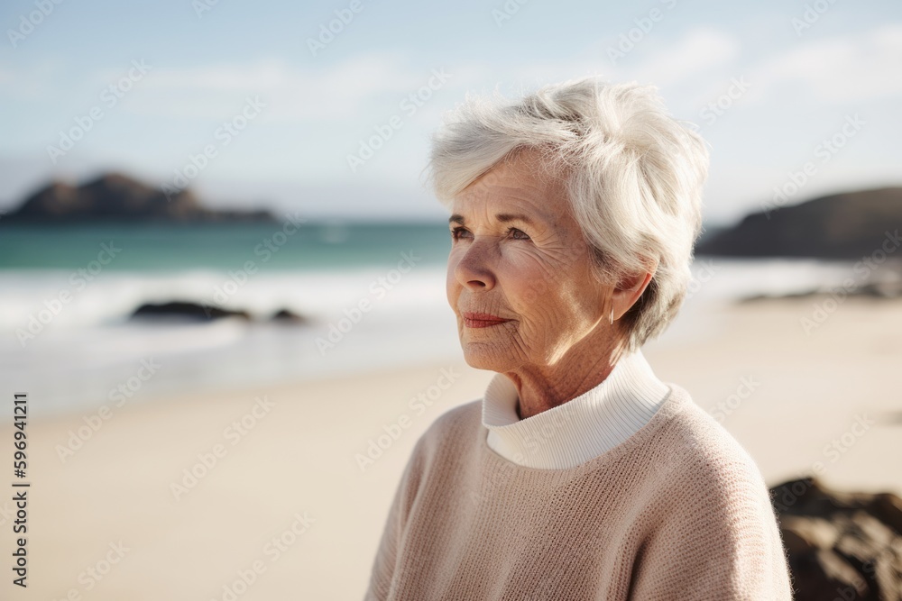 Portrait of happy senior woman standing on beach at the day time