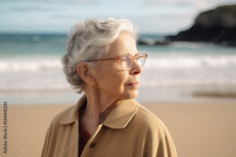 Photography in the style of pensive portraiture of a tender woman in her 70s wearing a chic cardigan against an island or beach paradise background. Generative AI