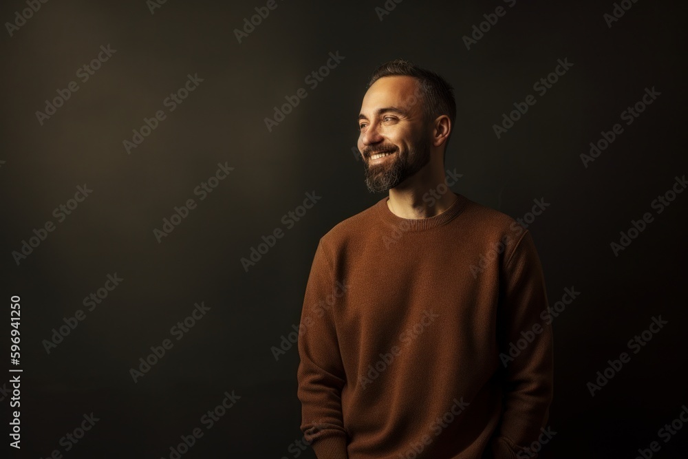 Handsome bearded man in a brown pullover on a dark background Handsome bearded man in a brown pullover on a dark background