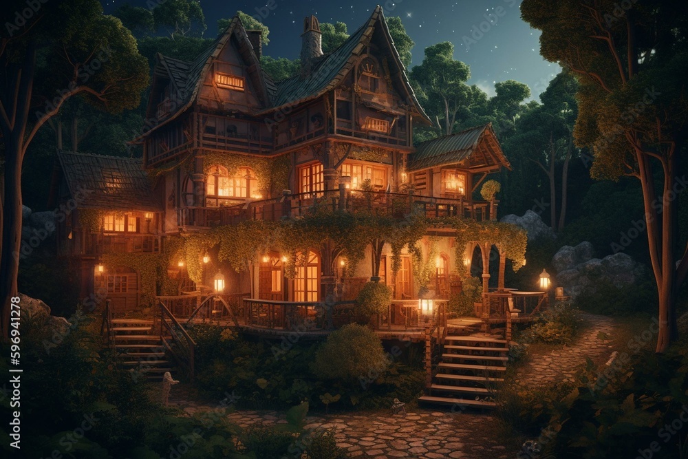 Illustration of magical homes in woodland, charming town, and twinkling fireflies after dark. Generative AI