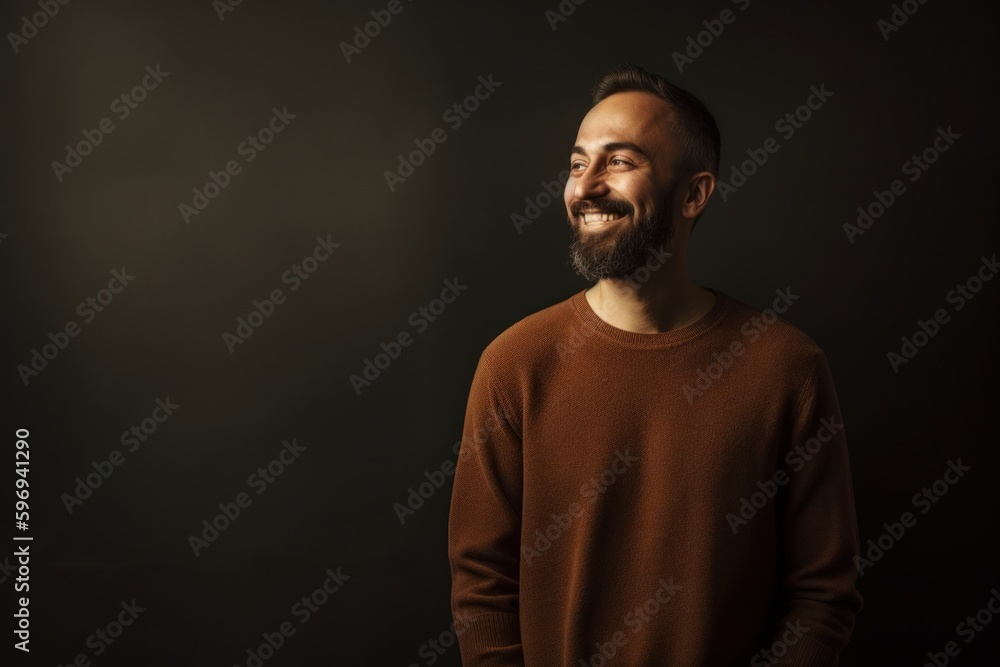 Handsome bearded man in a brown sweater on a dark background Handsome bearded man in a brown sweater on a dark background