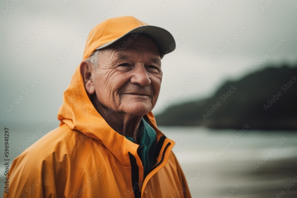 Portrait of a senior man in a raincoat on the beach