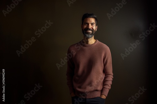 Portrait of a bearded Indian man in a brown sweater on a dark background