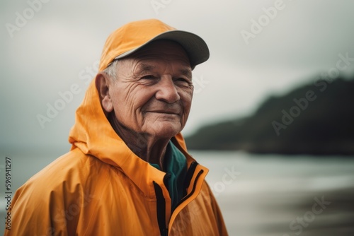 Portrait of a senior man in a raincoat on the beach