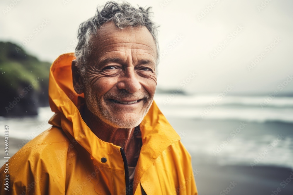 Portrait of smiling senior man in yellow raincoat on the beach Portrait of smiling senior man in yellow raincoat on the beach