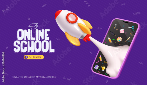 Online school vector design. E-learning course web site home page with mobile phone and rocket ship elements. Vector illustration online education web banner.