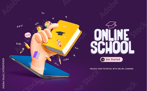 Online school text vector concept design. Back to school e learning course in mobile phone and tablet educational device. Vector illustration web banner advertising design. 