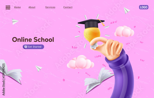 Online school website vector concept. Web site home page layout for distance e-learning course education. Vector illustration web design banner. 