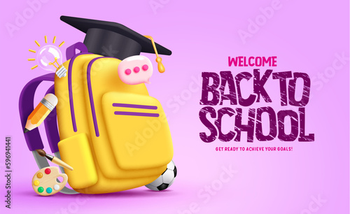 Back to school vector design. Welcome back to school text with school yellow bag and graduation cap elements. Vector illustration educational greeting background.