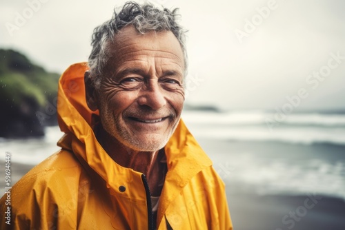 Portrait of smiling senior man in yellow raincoat on the beach