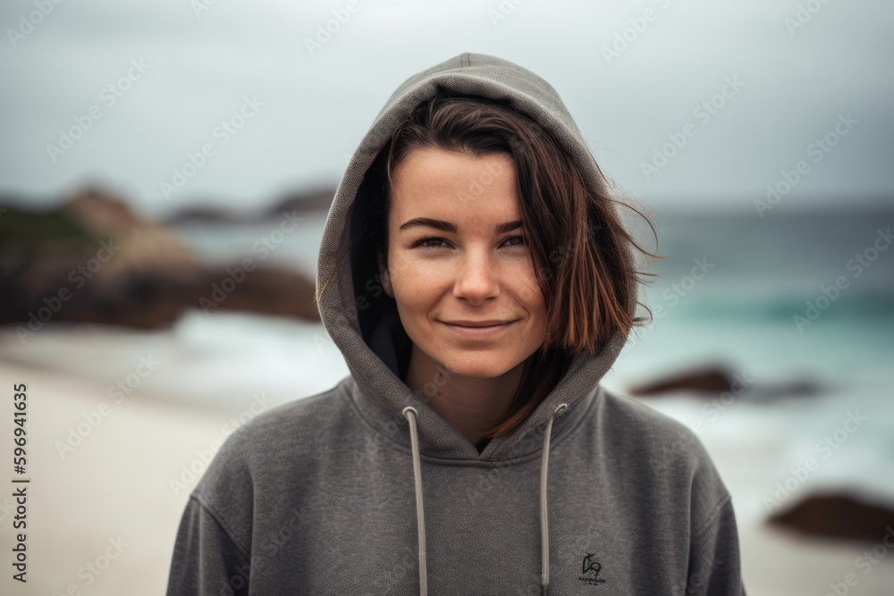 Portrait of a beautiful young woman wearing hoodie on the beach Portrait of a beautiful young woman wearing hoodie on the beach