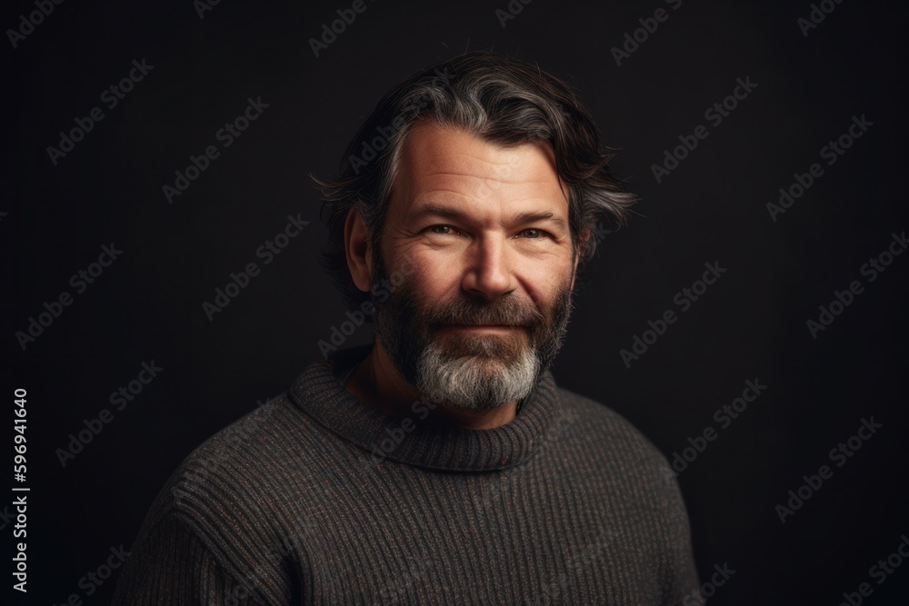 Medium shot portrait photography of a pleased man in his 40s wearing a cozy sweater against an abstract background. Generative AI