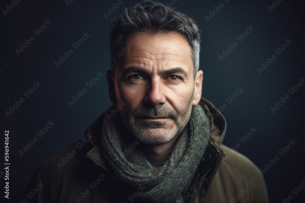 Portrait of a middle-aged man in a jacket and scarf Portrait of a middle-aged man in a jacket and scarf