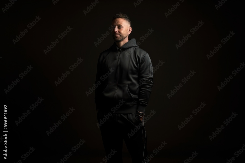 Naklejka premium Portrait of a man in a black hoodie on a black background