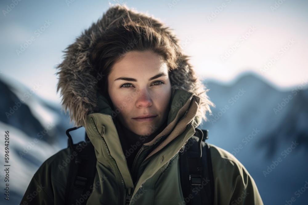 Portrait of a young woman in a winter jacket in the mountains Portrait of a young woman in a winter jacket in the mountains