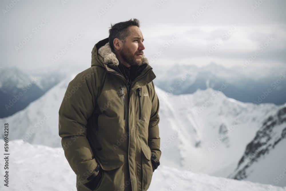 Handsome young man with beard and mustache standing on top of a snowy mountain and enjoying the view
