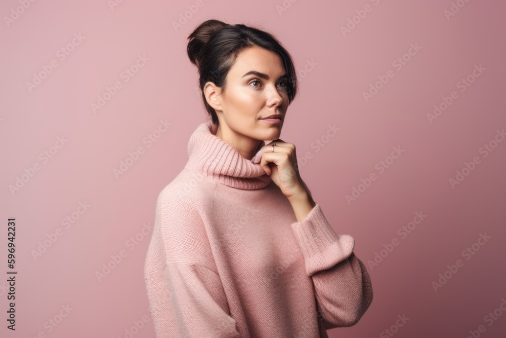 Portrait of a beautiful woman in a pink sweater on a pink background Portrait of a beautiful woman in a pink sweater on a pink background