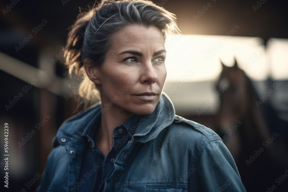 Fototapeta premium Portrait of a beautiful brunette woman with long hair wearing jeans jacket in the stable