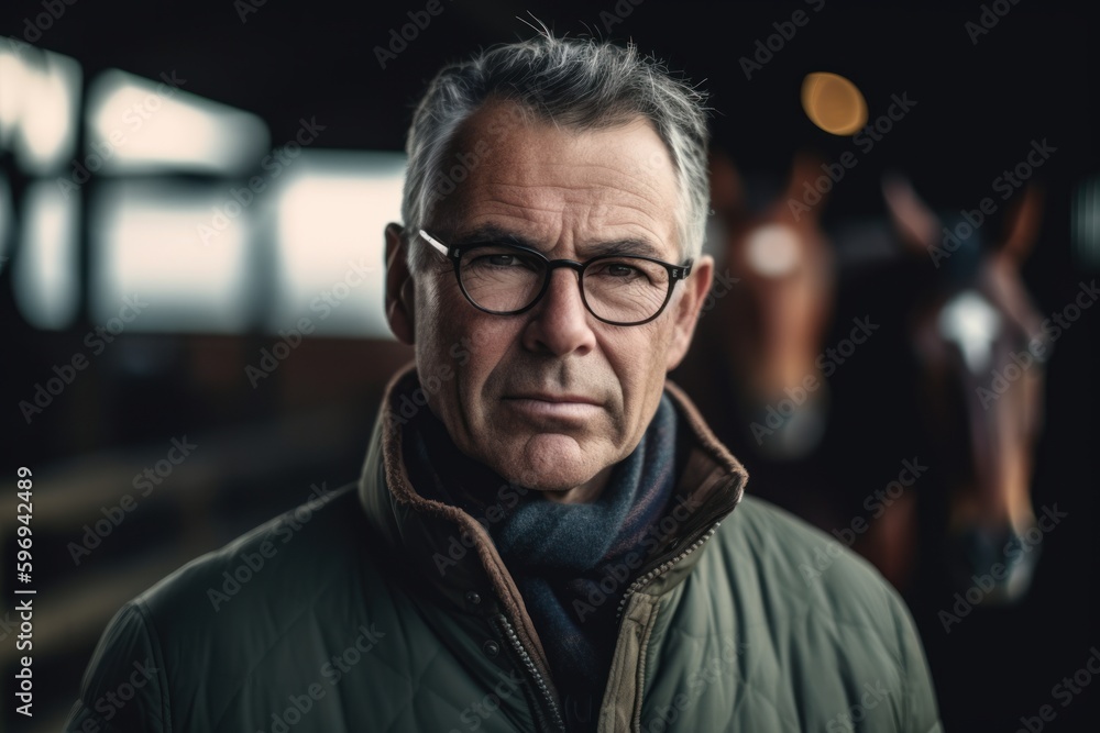 Portrait of a handsome senior man wearing eyeglasses standing in a stable.