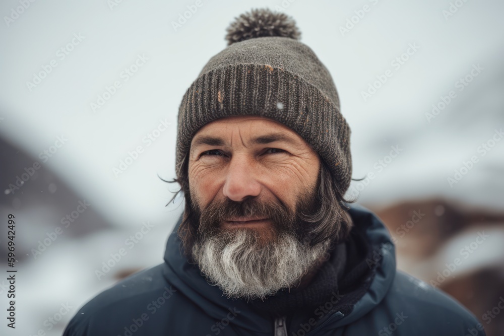 Portrait of a bearded man with gray beard and gray hair on the background of snowy mountains Portrait of a bearded man with gray beard and gray hair on the background of snowy mountains